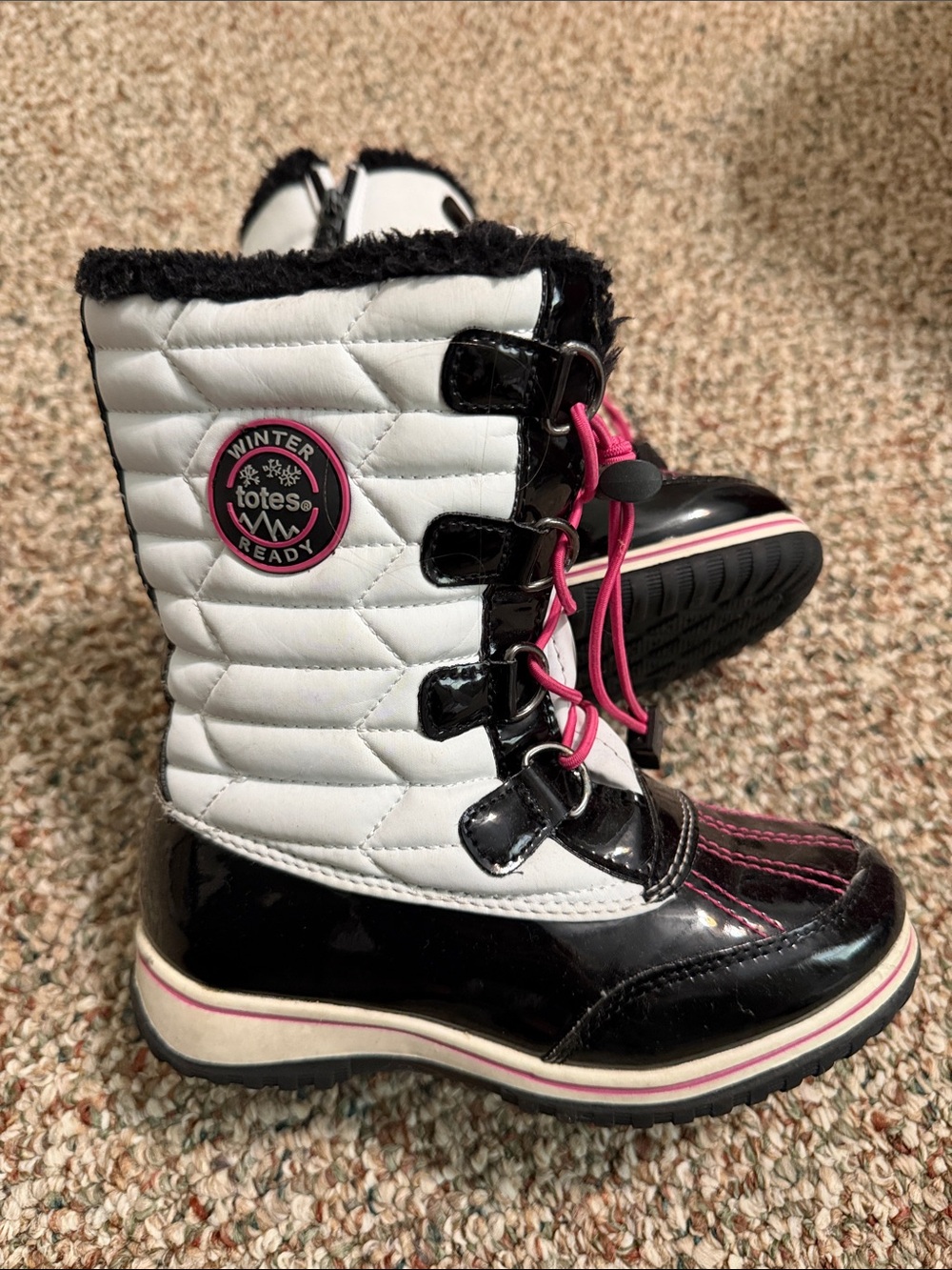 totes Kids White, Black & Pink Quilted Winter Boots